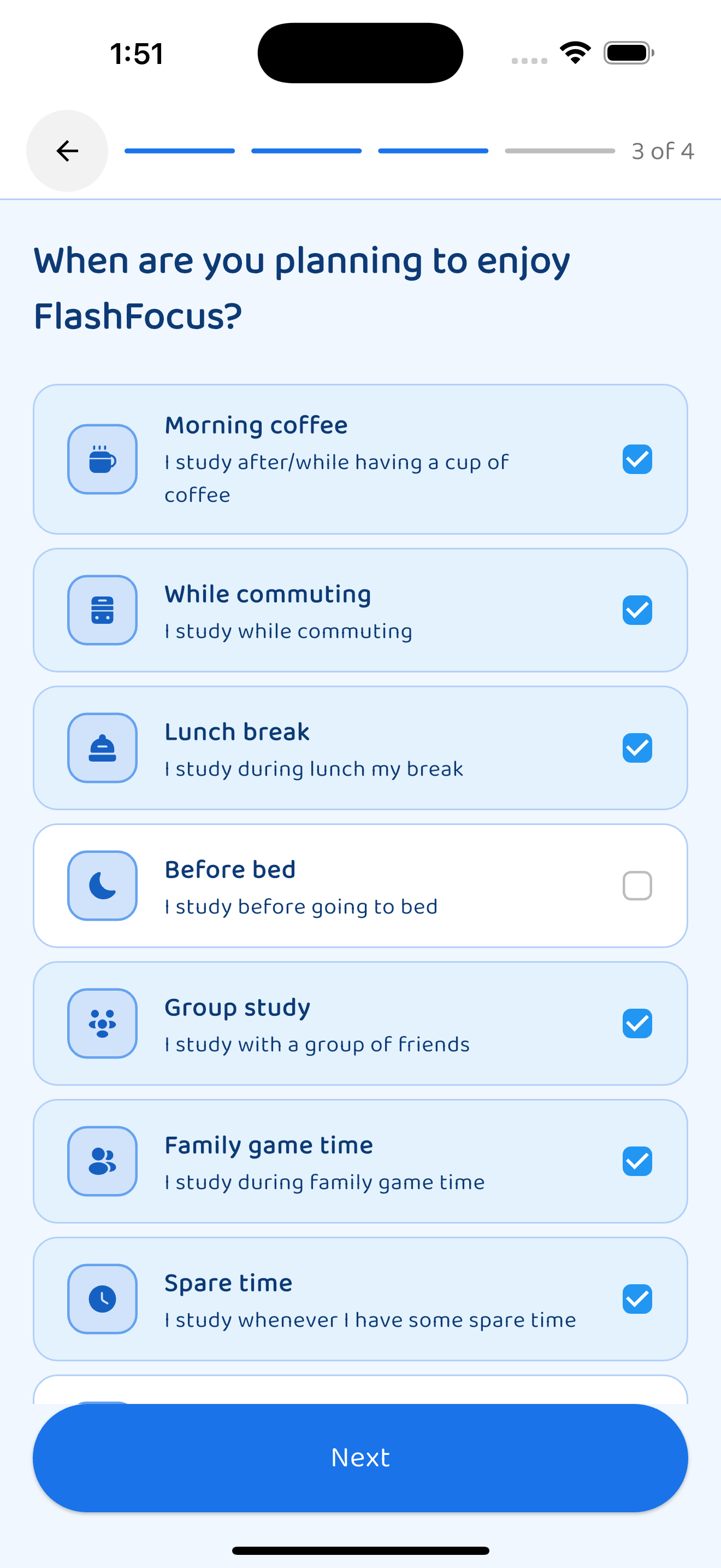 Onboarding: Select study times